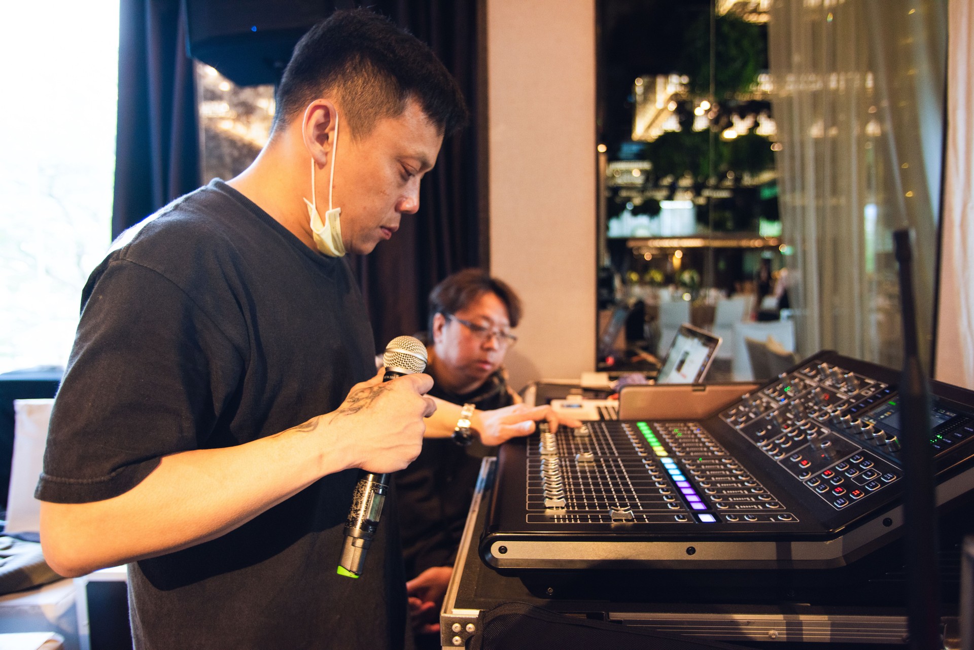 The scene of an audio engineer at work